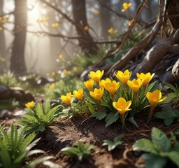 A group of bright yellow crocuses peeking out from under a leafy branch, nature, crocus, landscape