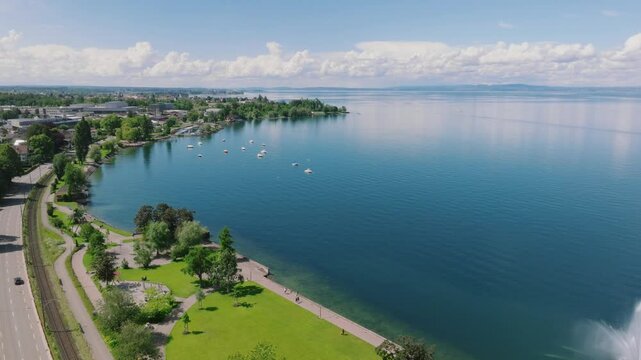 Aerial view of the city Rorschach on lake Constance in Switzerland on a sunny day. The fountain in the Lake, Wasserspiel