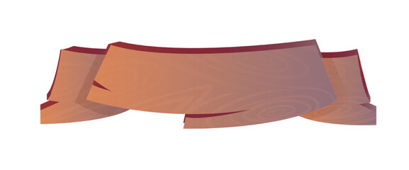 Wooden ribbon template. Hardwood signboard and plank. Template and layout. Rustic billboard and placard. Navigation and decoration. Isometric vector illustration