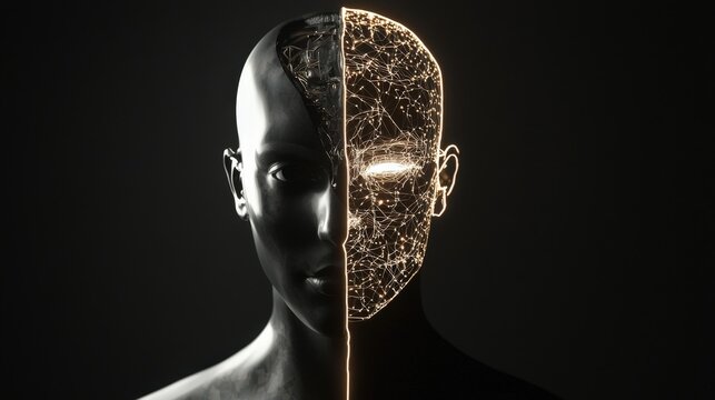 A half-human, half-machine figure with a transparent head showing a glowing neural network inside, representing the creative power of generative AI