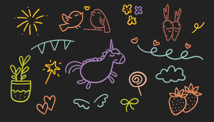 Vector set of cute hand drawn doodle unicorn, hearts, flowers, birds, clouds and other elements.