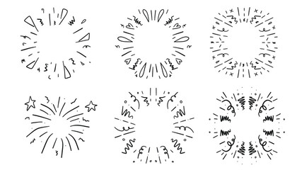 Set of hand drawn fireworks in doodle style. Vector illustration.
