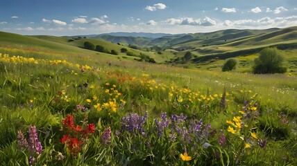 Fototapeta premium Vibrant wildflowers bloom in a lush green valley under a sunny sky.