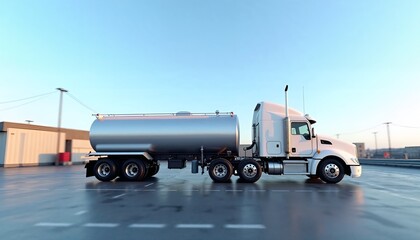 Clean white tanker truck parked in industrial area under blue sky