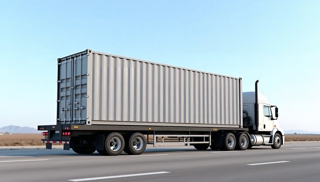 Blank cargo container on flatbed truck under clear sky