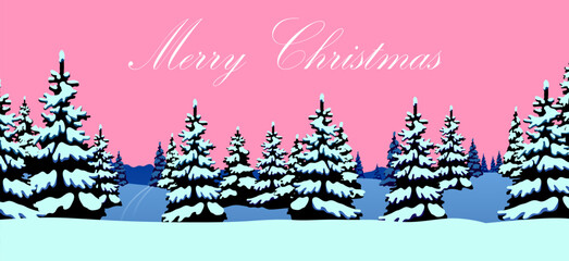 Merry Christmas greetings. Postcard with a beautiful winter landscape. Christmas and New Year greeting card and poster template design. Vector Illustration