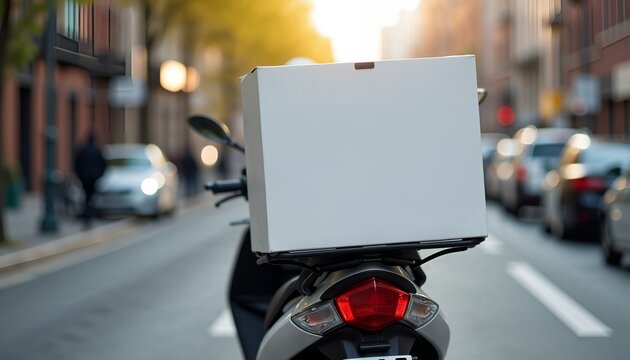 White motorcycle delivery box mockup on city street in afternoon