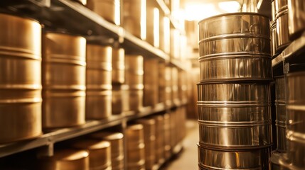 Close-up of oil barrels stacked vertically, showcasing the role of petroleum in global supply chains and infrastructure.