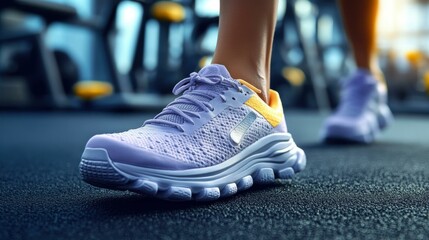 Fitness Footwear. Close-up purple running shoes on treadmill, fitness