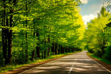 Obraz premium Sunny Road Through a Green Forest