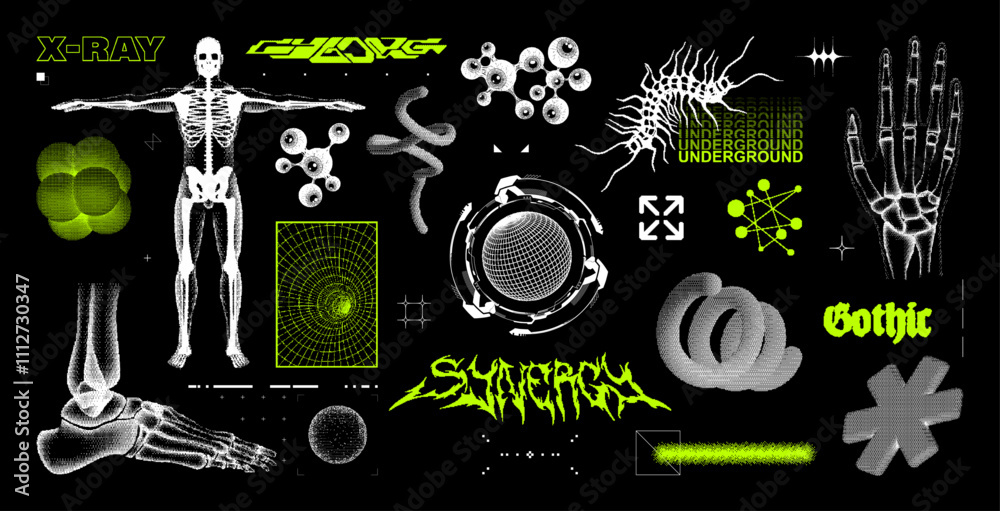 Poster Retrofuturistic acid halftone style set. Y2k Sci-fi bitmap style elements. 3D x-ray skeleton, digital art with inscriptions, cyber lettering. 3D Universal geometric shapes and y2k elements. Vector set