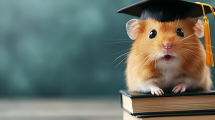 A cute hamster wearing a graduation cap.