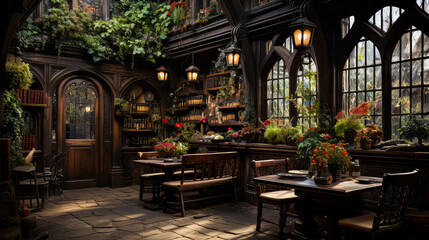 Tudor style, House Fantasy background, Creating antique design of Indoor Spaces architecture decorate vintage concept