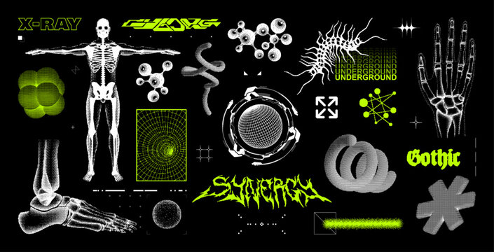 Retrofuturistic acid halftone style set. Y2k Sci-fi bitmap style elements. 3D x-ray skeleton, digital art with inscriptions, cyber lettering. 3D Universal geometric shapes and y2k elements. Vector set