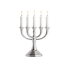 Elegant silver candelabra with five white candles, perfect for decor isolated on transparent background