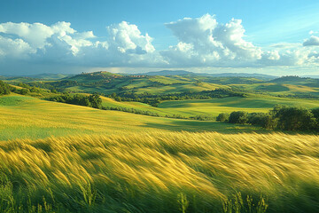 Obraz premium Rolling Hills Landscape With Golden Wheat Field