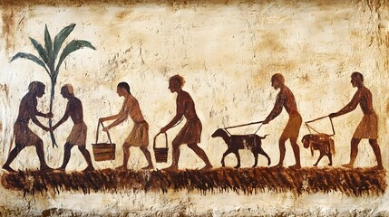 Ancient people cultivating crops and herding animals along a fertile land during early agricultural practices