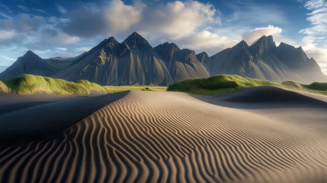 A dramatic mountain range stands tall behind rippling sandy dunes. Lush grass contrasts with the smooth sand, creating a peaceful ambiance in the natural setting
