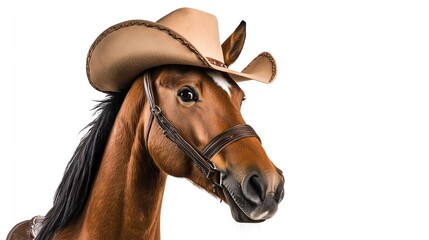 Fototapeta premium A brown horse wearing a cowboy hat, looking to the right.