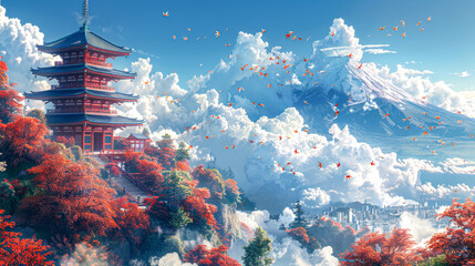 Serene Japanese Street with Cherry Blossoms and Mount Fuji in the Background