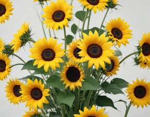 Fototapeta premium Bright yellow sunflowers arranged in a loose bouquet on a crisp white background, yellow, bright