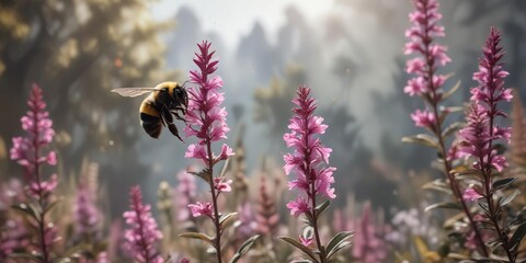 Obraz premium bumblebee flying away with pollen and nectar from pink ornamental sage blossom, pink blossom, flowers, insects