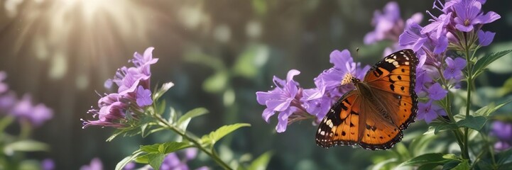 Obraz premium Butterfly and purple flower in a soft focus environment, gentle, soothing