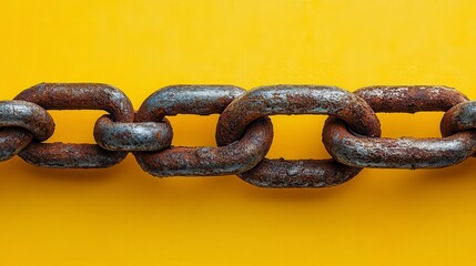 Fototapeta premium Close-up of a weathered metal chain against a vibrant yellow background. A study in rust and resilience, showcasing the enduring strength of industrial components.