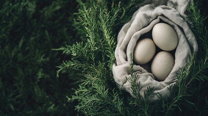 Four white eggs in nest surrounded by green foliage