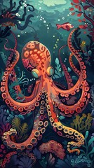Octopus and beautiful underwater scenery, Underwater Scene with Incredible Commotion of an Octopus