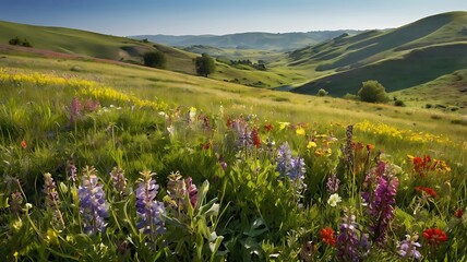 Obraz premium Colorful wildflowers bloom in a grassy valley landscape under a vibrant blue sky. 