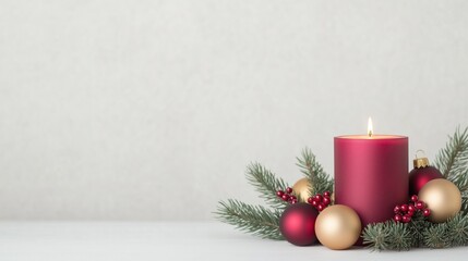 Elegant Minimalist Christmas Homepage Design Featuring Red Candle with Ornaments and Pine Branches for Festive Holiday Decoration and Seasonal Graphic Inspiration in Modern Style