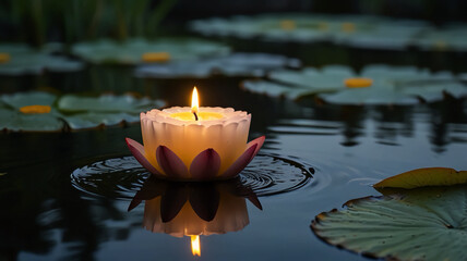 A solitary candle, its flame flickering in the gentle breeze, floats atop a tranquil pond, casting a warm glow on the surrounding water lilies.
