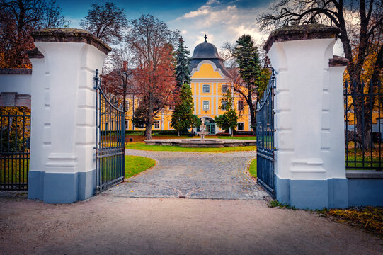 Dramatic autumn voew of Castle of Grassalkovich. Picturesque morning cityscape of Hatvan town in Heves County, Hungary, Europe. Traveling concept background.