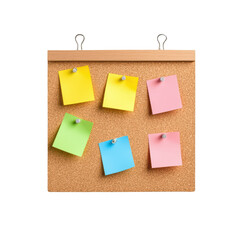 Corkboard with colorful sticky notes for reminders and organization isolated on transparent background