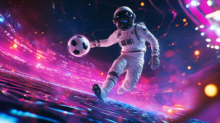 Astronaut kicking a soccer ball in a vibrant futuristic stadium with dynamic lighting