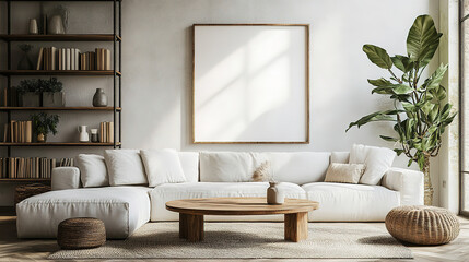 Modern Boho Living Room Design with Natural Wood Coffee Table, White Sofa, and Bookcase