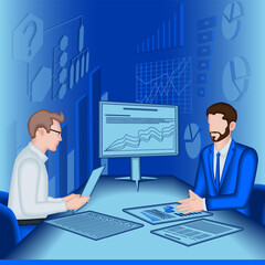 Conducting stakeholder interviews to identify and understand problems in the decision-making process. 2D vector illustration.