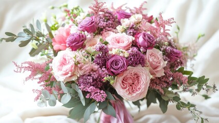 Bouquet with pink and purple flowers, lush greenery