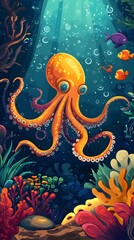 Octopus and beautiful underwater scenery, Underwater Scene with Incredible Commotion of an Octopus