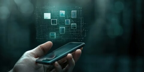 mobile payment security platform concept. A hand holds a smartphone, with digital data and grid patterns floating above, symbolizing technology and connectivity.