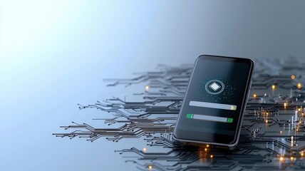 mobile payment security platform concept. A sleek smartphone rests on a circuit board background, symbolizing technology, connectivity, and digital security.