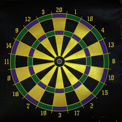 Black and yellow dartboard divided into sectors. Special round dartboard for hitting darts for darts.