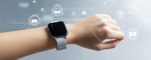 mobile payment security platform concept. A modern smartwatch on a person's wrist, surrounded by digital icons representing various functionalities and technology.
