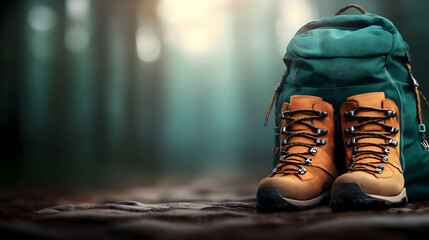 Hiking boots and backpack in serene forest.
