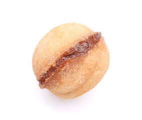 Sweet walnut shaped cookie with boiled condensed milk on white background
