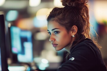 Naklejka premium Tech-savvy woman programming on desktop computer in IT control room 