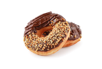 Donut or Doughnut isolated on white background with clipping path,  Two Donuts or Doughnuts with chocolate brown glazed cream or icing without sprinkles. Dessert on birthday, holiday party.