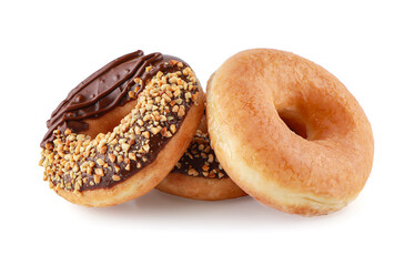 Donut or Doughnut isolated on white background with clipping path,  Three Donuts or Doughnuts with chocolate brown glazed cream or icing without sprinkles. Dessert on birthday, holiday party.