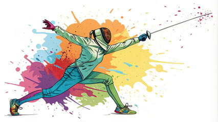 A fencer lunges with a sword, surrounded by splashes of vibrant color in the background. The dynamic pose and colorful attire create a sense of motion and excitement.AI generated.